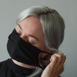 
                  
                    Woman wearing black reusable standard mask
                  
                