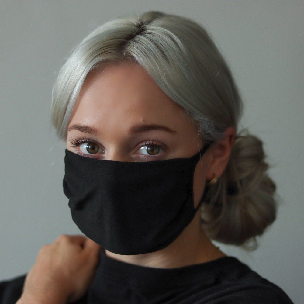 Woman wearing black reusable standard mask