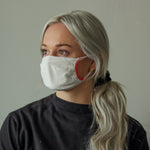 Woman wearing white reusable standard mask