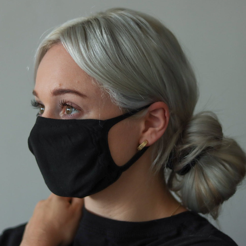 Woman wearing black reusable standard mask