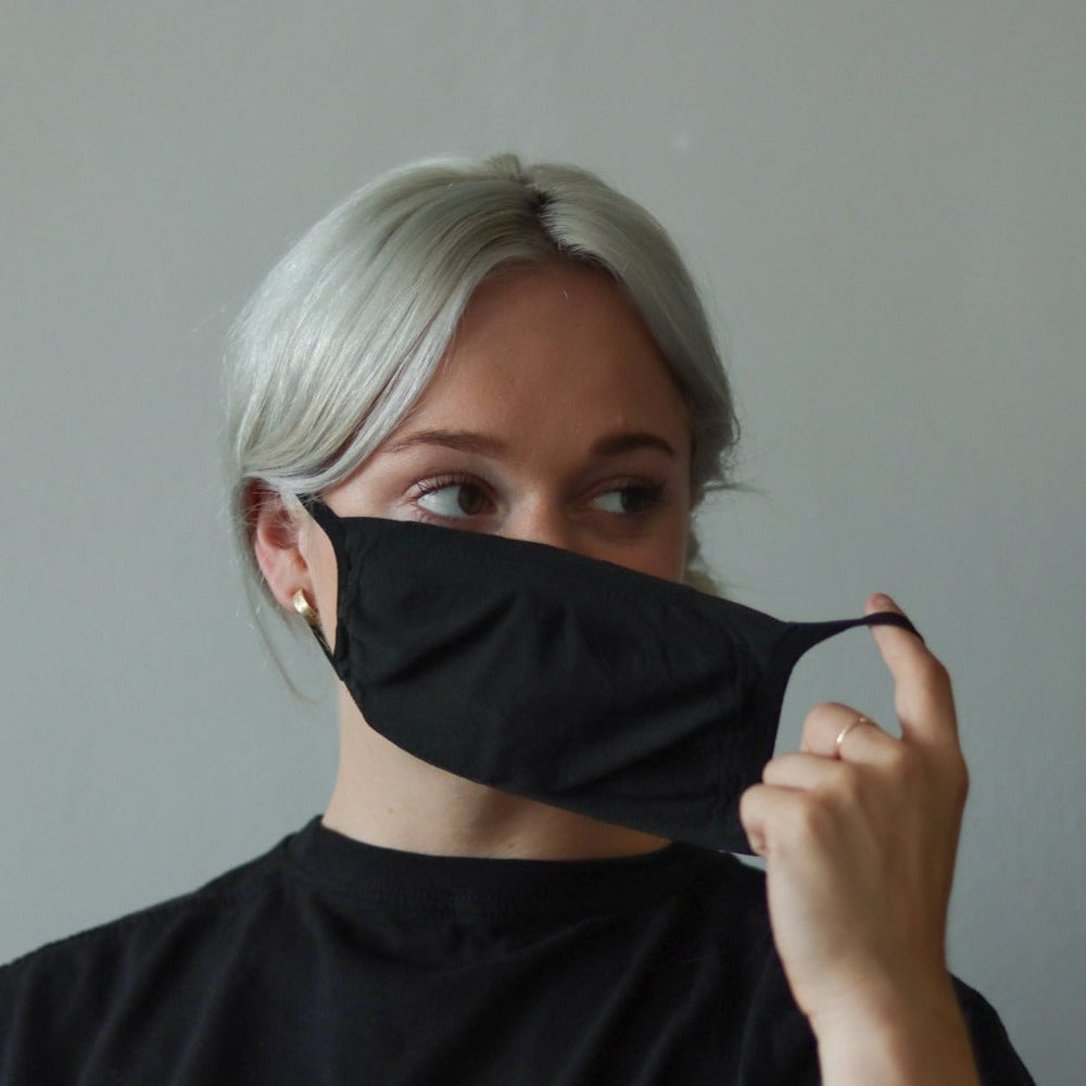 
                  
                    Woman wearing black reusable standard mask
                  
                