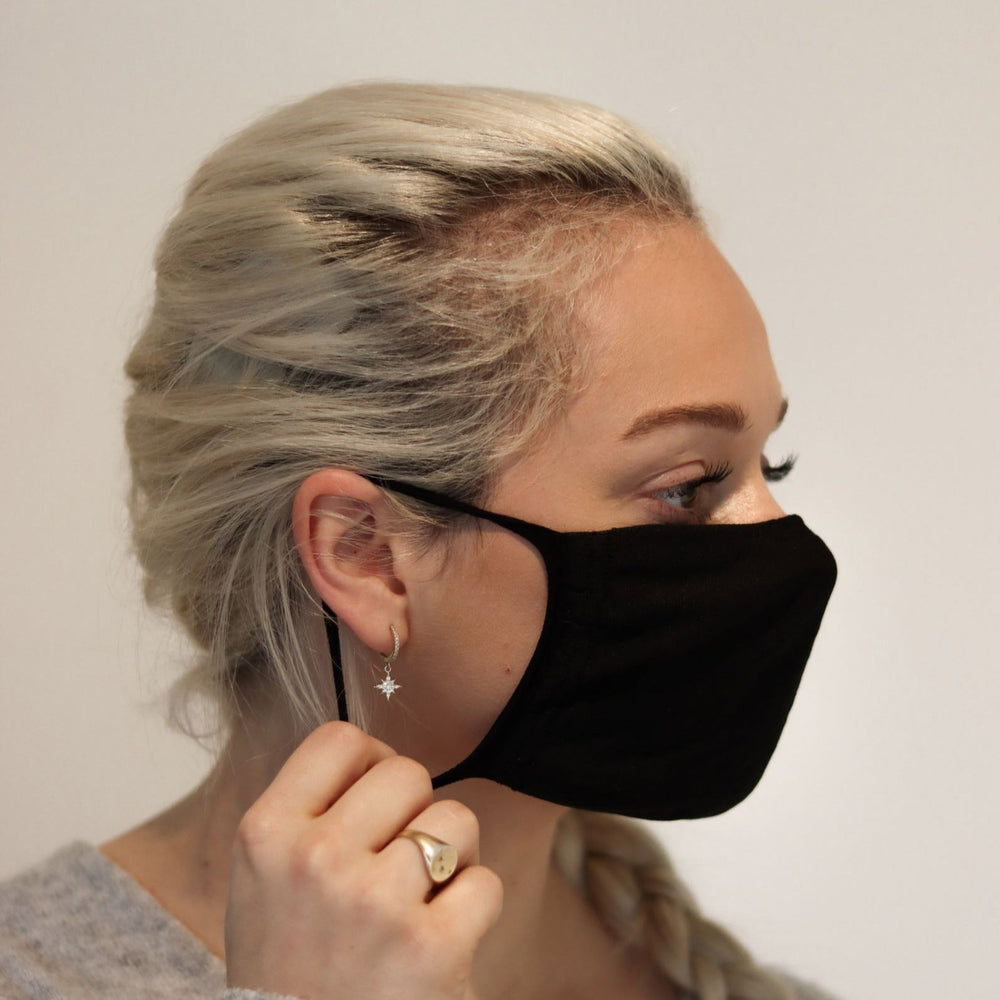 
                  
                    Woman wearing black triple-layer reusable standard mask
                  
                